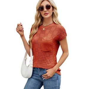 Women's Checkered Knit Round Neck Short Sleeve Top Lightweight and Stylish Summer Sweater T-Shirt - 1 of 4
