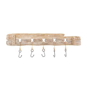 13"x39" Wood Handmade Whitewashed Live Edge Wall Hook with 5 Hanger Fish Hooks Brown - Olivia & May