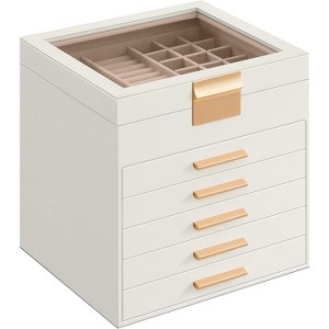 Glass Lid Jewelry Box 3 Layers 2 Drawers Modern White and Gold Finish Storage Organizer Display Case - 1 of 4