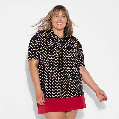 Pride Adult PHLUID Project Rainbow Hearts Short Sleeve Woven Button-Down Shirt - Black