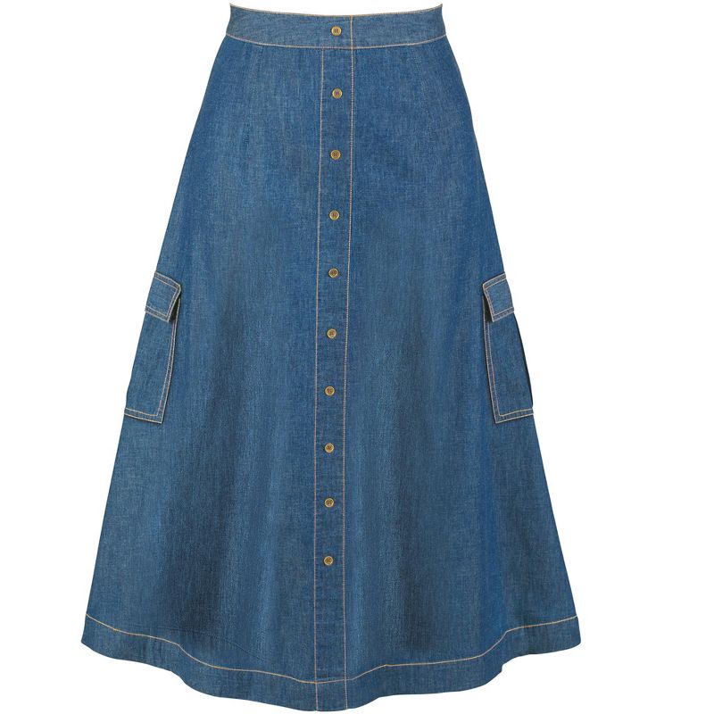 Collections Etc Cargo Pocket Faux Button Front Long Denim Skirt, 1 of 6