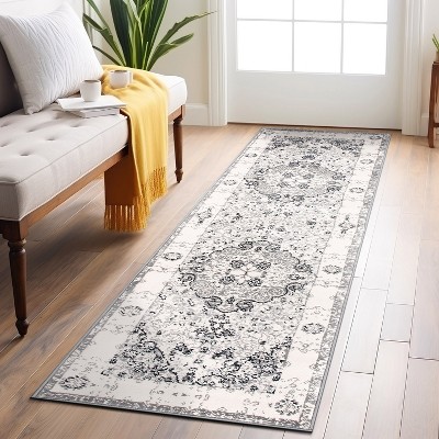 Gray Medallion Synthetic Easy Care Runner Rug