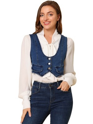 Allegra K Women's Vintage Button-Up Sleeveless Cropped Jean Waistcoat Vest