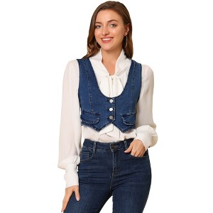 Allegra K Women's Vintage Button-Up Sleeveless Cropped Jean Waistcoat Vest - 1 of 4