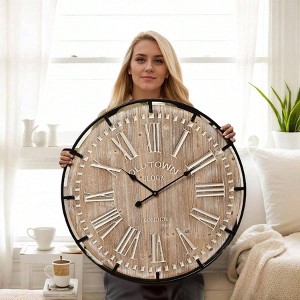 Large 30 Inch Farmhouse Wall Clock Wood and Metal Silent Operated for Living Room Kitchen Office Decor - 1 of 4