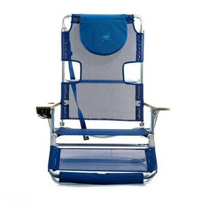 Blue Aluminum Folding Beach Chair with Wooden Armrests and Cushions