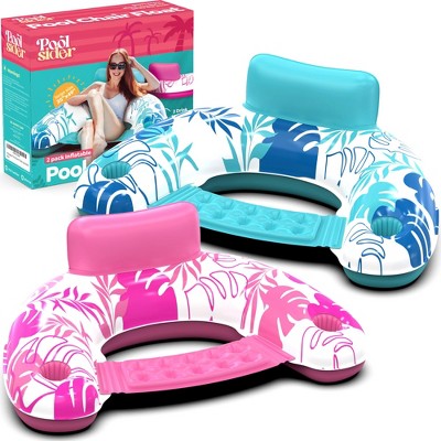 POOLSIDER Pool Chair Floats – 2 Pack Inflatable Pool Chairs with Cup Holders & Armrests – Tropical Design Pink/Blue Floating Pool Loungers for Adults
