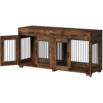 71" Double Dog Crate Furniture with 3 Storage Drawers | Wooden TV Stand & Pet Kennel with Removable Divider