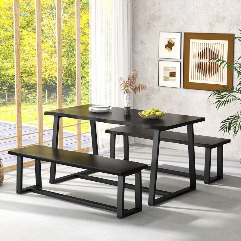 Costway 3 Pieces Dining Table Set 63" Large Table and 2 Long Benches for 4-6 People Black/Coffee, 1 of 9