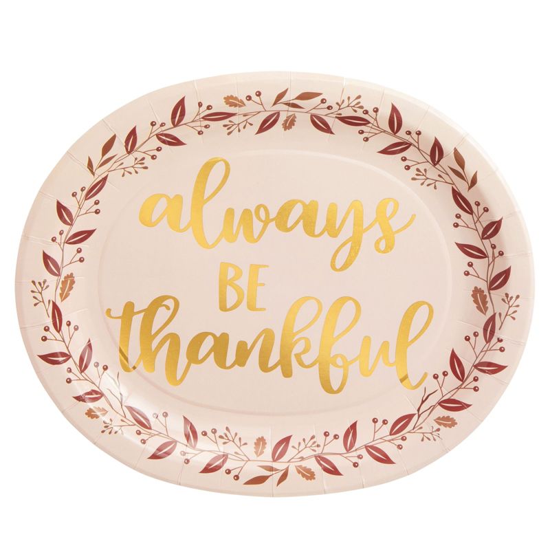 Sparkle and Bash 24-Pack Large Oval Thanksgiving Paper Plates, Heavy Duty Serving Plates with Fall Leaves, Pink with Gold Foil, 13x11 in, 4 of 8