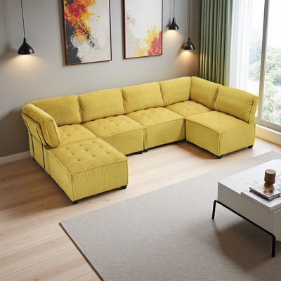 U-Shaped Corduroy Sectional Sofa with Reversible Chaise, Deep Seat & Durable Support