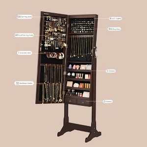 LED Jewelry Armoire with Full-Length Mirror, Lockable Storage Cabinet with 2 Drawers, 32 Necklace Hooks, 84 Ring Slots & Velvet Lining, Brown - 1 of 4