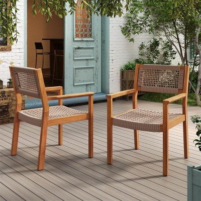 Modern Outdoor Acacia Wood Dining Chair Set of 2 with Rope Seating Armrest Patio Dining Chair -Tanpinhause