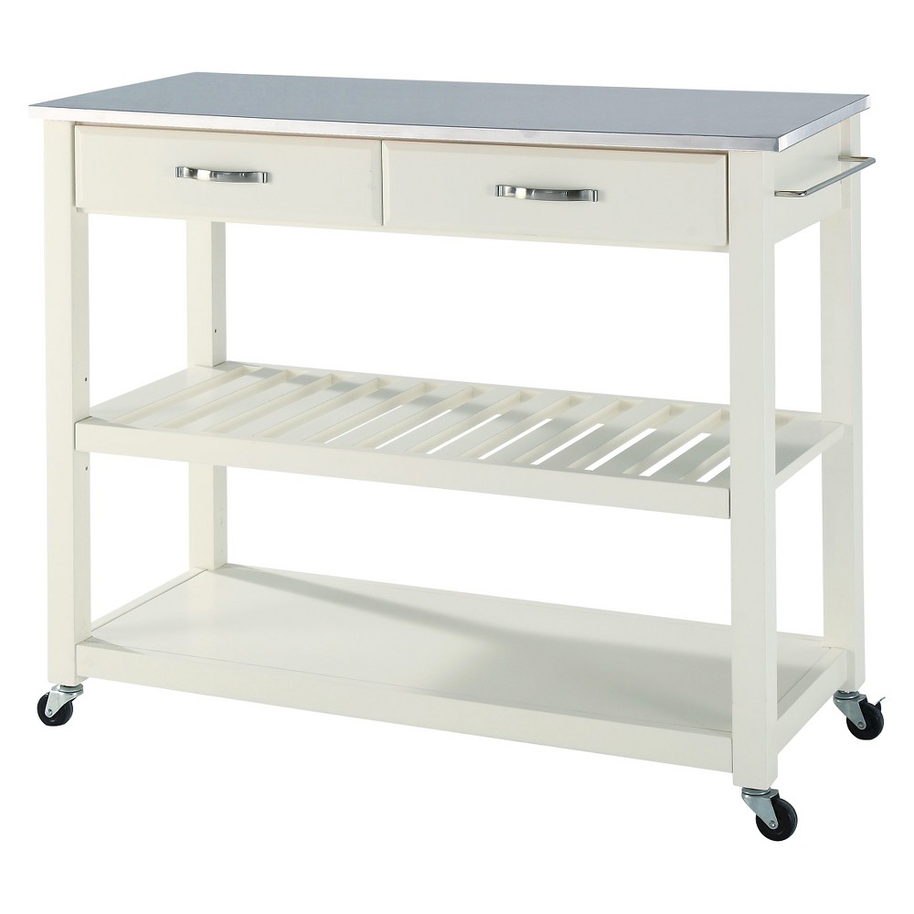 Crosley Stainless Steel Top Kitchen Cart/Island with Optional Stool Storage - White : Hardwood Frame, 2 Shelves, Locking Casters