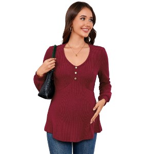 Coolmee Womens Maternity Tops Long Sleeve Pregnancy Tunic Blouses Button V Neck Ribbed Shirts Pregnant Clothes - 1 of 4