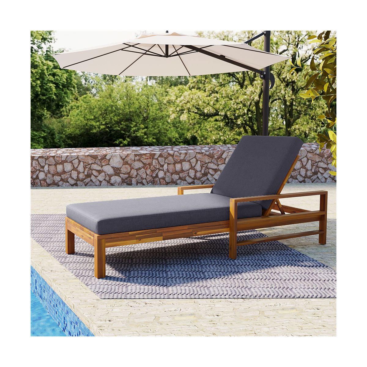 ELJGET Outdoor Lounge Chair, Patio Acacia Wood Recliner Adjustable Backrest Chair for Gardens, Terraces, Poolside Areas