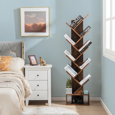 Costway 10-tier Tree Bookshelf with Drawer Free-standing Storage Bookcase Rustic Brown