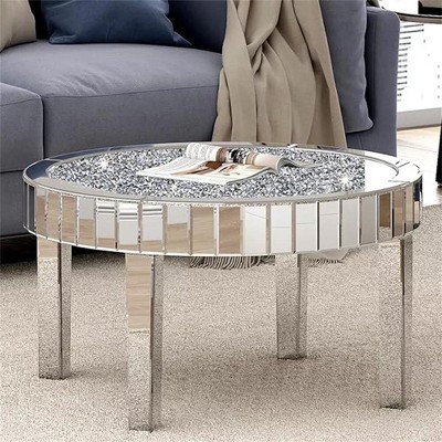 Artloge 23.62in Luxury Mirrored Round End Table with Crystal Diamonds Inlay Bedside Table