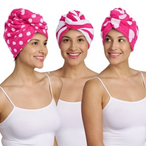 Turbie Twist 100% Cotton Hair Towel Wrap - for Women, Men & Kids - Quick Dry Hair Turban - 1 Polka Dot, 1 Stripe & 1 Heart Pattern - 1 of 4