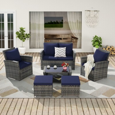 6-Piece All-Weather Wicker Patio Set: Sofa + Ottoman + Tempered Glass Coffee Table for Garden & Backyard