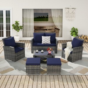 6-Piece All-Weather Wicker Patio Set: Sofa + Ottoman + Tempered Glass Coffee Table for Garden & Backyard - 1 of 4