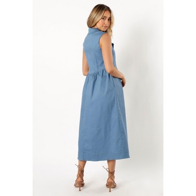 Steel Blue Cotton Blend Sleeveless V-Neck Midi Dress