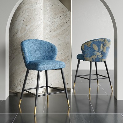 VASIP Counter Height Bar Stools Set of 2, Jacquard Upholstered Bar Chairs, Metal Footrest and Frame for Kitchen,Dining Room,28" H Seat Height, Blue