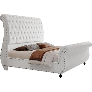 AMERLIFE Bed Frame, Velvet Upholstered Platform Sleigh Bed with Scroll Headboard & Footboard, Button Tufted, No Box Spring Needed - 1 of 4