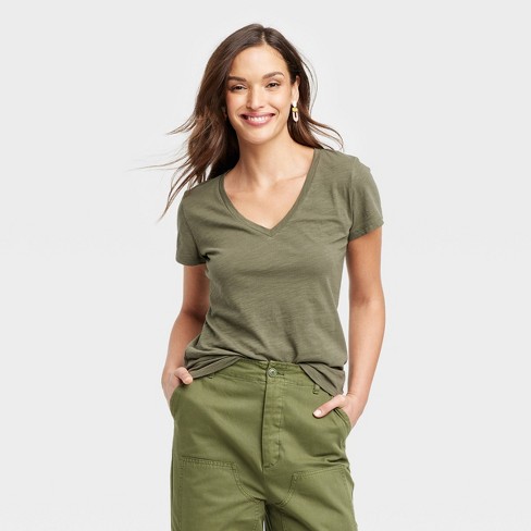 Women's V-neck Short Sleeve T-shirt Universal Thread™ Olive Green Xl Target