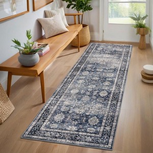 Washable Vintage Area Rug - Non-Slip Backing, Stain-Resistant Oriental Design, Low-Pile Farmhouse Accent Rug for Bedroom, Living Room - 1 of 4