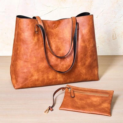 Сумки Lakeside The Lakeside Collection Women's Faux Leather Reversible Tote Bag with Matching Purse - Black/Cognac — фото 6