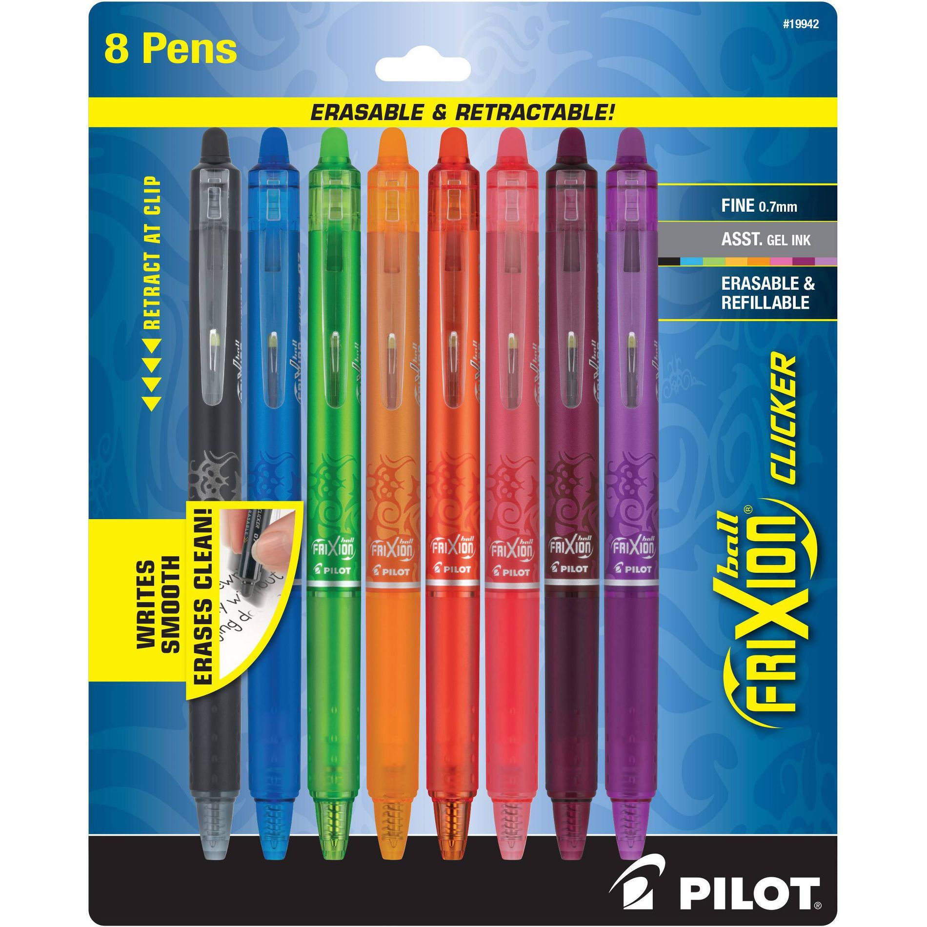 Pilot 8pk FriXion Clicker Erasable Gel Pens Fine Point 0.7mm Assorted Inks
