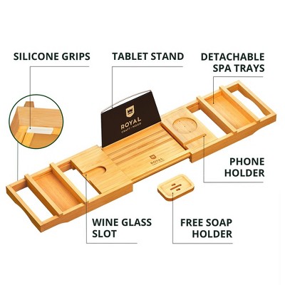 Natural Bamboo Foldable Bathtub Caddy Tray with Accessories