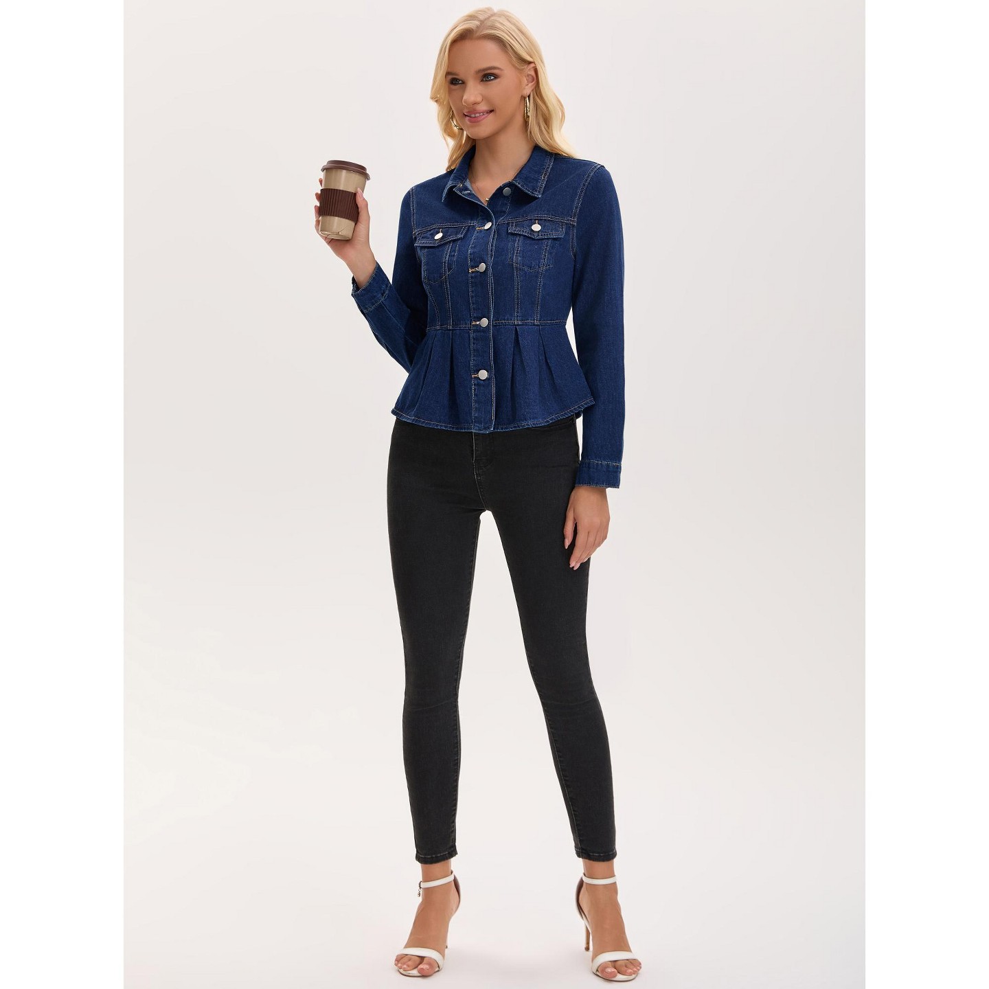 Женские куртки INSPIRE CHIC Denim Button Down Turndown Collar Long Sleeve Ruffle Hem Peplum Jean Jackets X-Large Dark Blue, цвет: Джинсовый — фото 3
