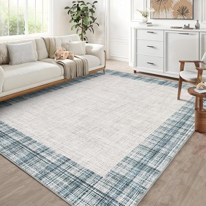 Washable Runner Rug Plaid Border, Non-Slip Low Pile Neutral Carpet, Stain Resistant Soft Rug for Hallway Entryway Kitchen - 1 of 4