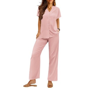 Ekouaer Women Pajamas Set Short Sleeve Button Down Sleepwear Soft Pjs Loungewear Pants Set - 1 of 4