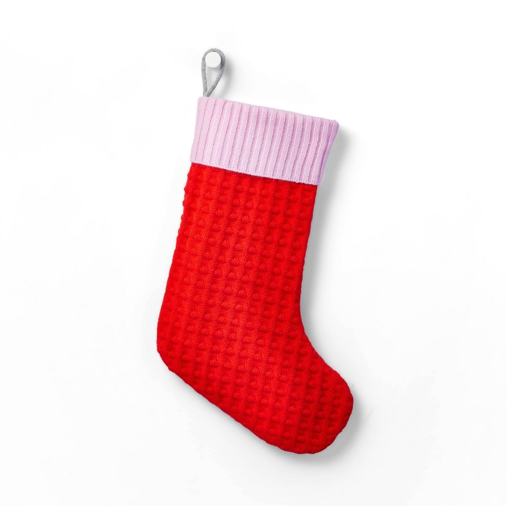 20" Textural Color Block Sweater Knit Holiday Stocking Pink/Red - LEGO Collection x Target