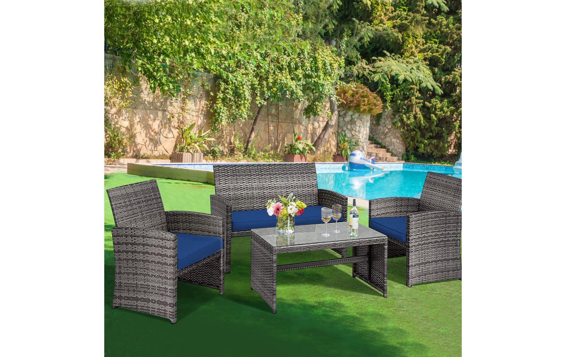Costway 4PCS Patio Rattan Furniture Set Conversation Glass Table Top Sofa Cushioned Navy