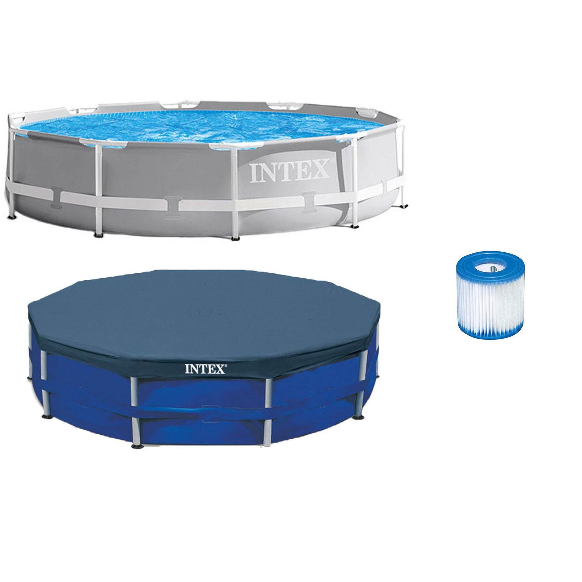 Intex 10ft x 10ft x 30in Pool w/ 10 Foot Round Pool Cover and Filter Cartridge