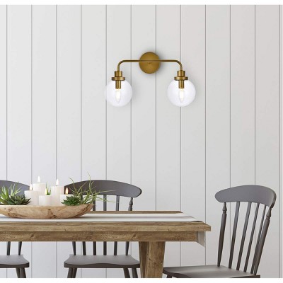 Elegant Hanson Brass 2-Light Bath Sconce with Clear Round Shade