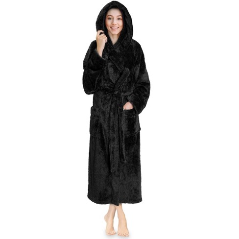 Women's Short Plush Bath Robe Hooded Plus Size Soft Tie Waist Bathrobe  Fluffy Fleece Nightgowns with 2 Pockets (X-Large, Black) 
