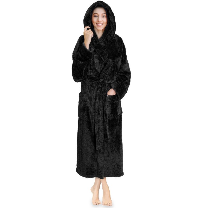 PAVILIA Women Hooded Plush Soft Robe, Fluffy Warm Fleece Faux Shearling Shaggy Bathrobe, 1 of 8
