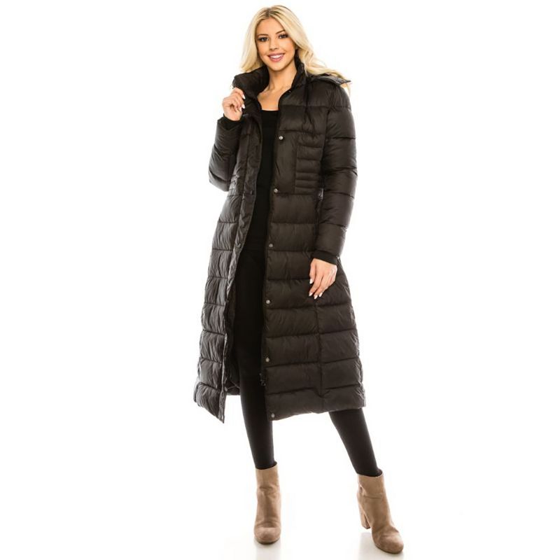 Haute Edition Women's Maxi Length Quilted Puffer with Fur Lined Hood BLACK Small
