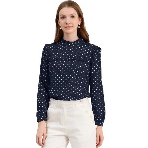 Allegra K Women's Vintage Ruffle Stand Collar Long Sleeves Polka Dots Blouse - 1 of 4