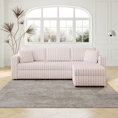 106.3'' Acrylic Imitation Rabbit Plush 3-Person L-Shaped Sectional Sofas with Hydraulic Lift Ottoman, Built-In Storage, and Washable Cushions