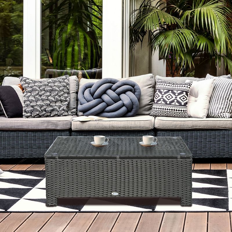 Ousunny Patio Furniture, Wicker Coffee Table, Hand-Woven PE Rattan Side Table with a Tempered Glass Top, 33.5" x 19.75", Black, 2 of 7