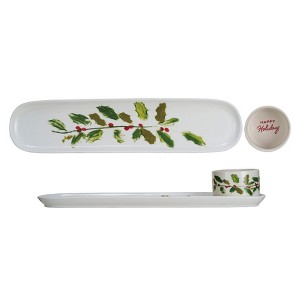 Storied Home Stoneware Platter and Dish with Holly Leaves and Berries "Happy Holidays", Multicolor, Set of 2 - 1 of 3