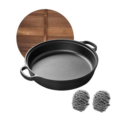 MaseiKar 11"Cast Iron Wok with Dual Handles and Wooden Lid, Uncoated Frying Pan for Gas and IH, Chinese Thickened Pancake Pan