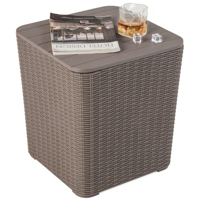 Tangkula Outdoor Resin Storage Side Table 11.5 Gallon Patio Storage Box with Removable Lid & Wicker-woven Accent