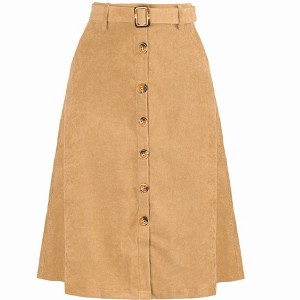Allegra K Women's High Waist Solid Button Front A-Line Belted Corduroy Midi Skirt - 1 of 4